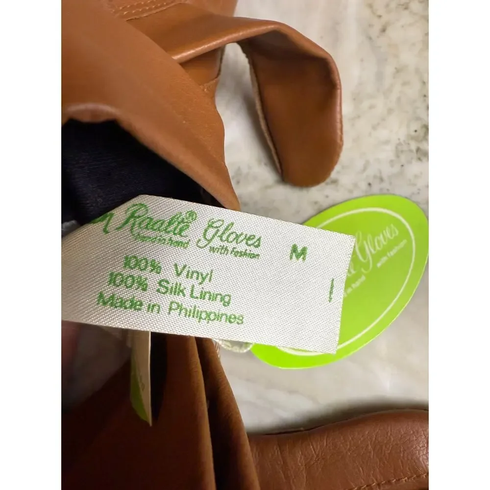 Vintage Faux Leather Silk Lined Gloves Tan M